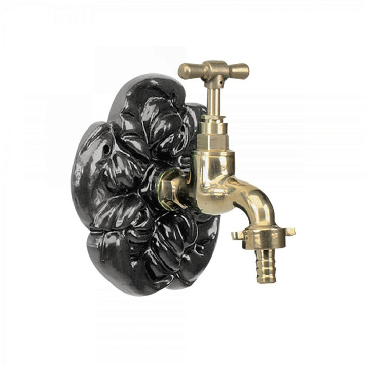 Robinet de jardin laiton poli monté sur rosace aluminium Ø 15 cm