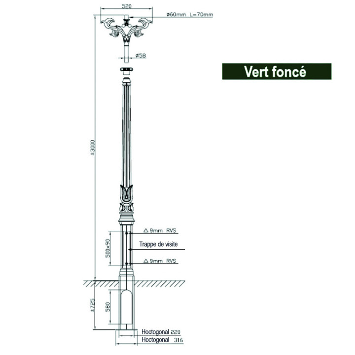 Poteaux modèle H2 à sceller pour luminaires - H275/300cm en fonte