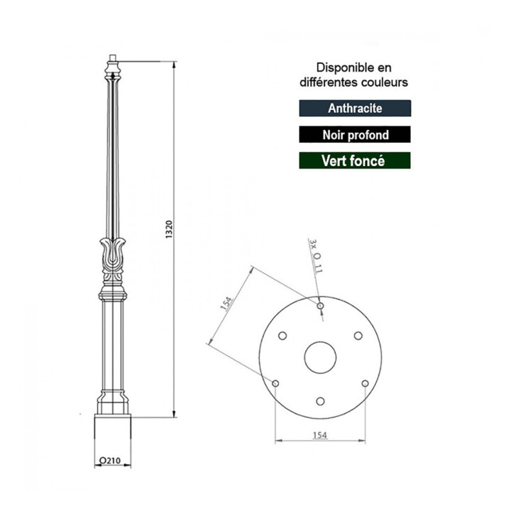 Potelets modèle H7 à fixer pour luminaires - H132cm en aluminium