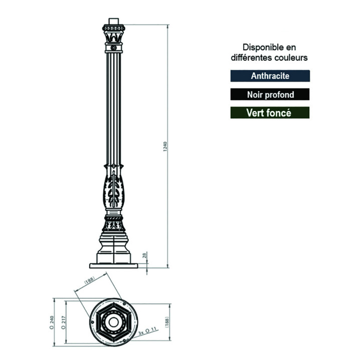 Poteaux potelets KS3 pour lanternes H126cm en aluminium coulé