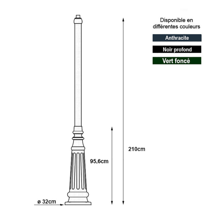 Poteau E92 aluminium de lampadaire 210cm pour lanternes standard
