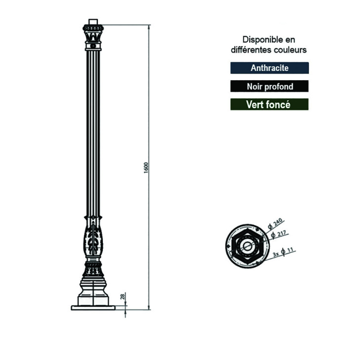Poteau KS6 aluminium de lampadaire 160cm pour lanternes standard