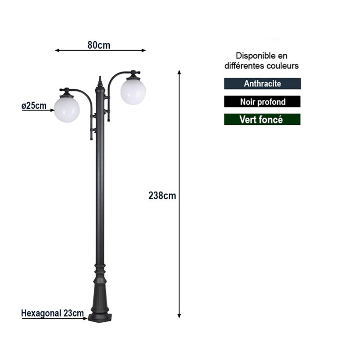 Lampadaire MADEIRA 2 lampes boule sphère ø25cm, hauteur 288cm