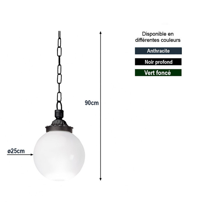 Plafonnier suspension MADEIRA lampe sphère ø25cm, htr 90cm