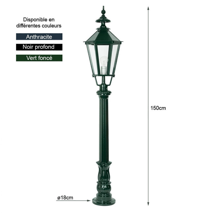 Lampadaire DE WAARD avec luminaire hexagonal et poteau alu 1,50m