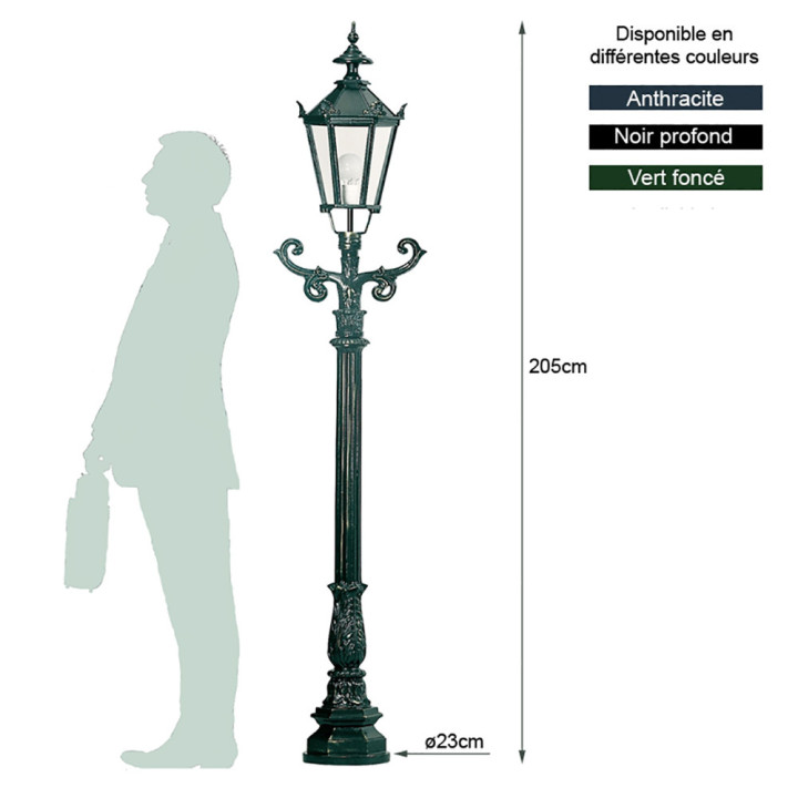 Lampadaire NUREMBERG lampe hexagonale, support et poteau 2,05m