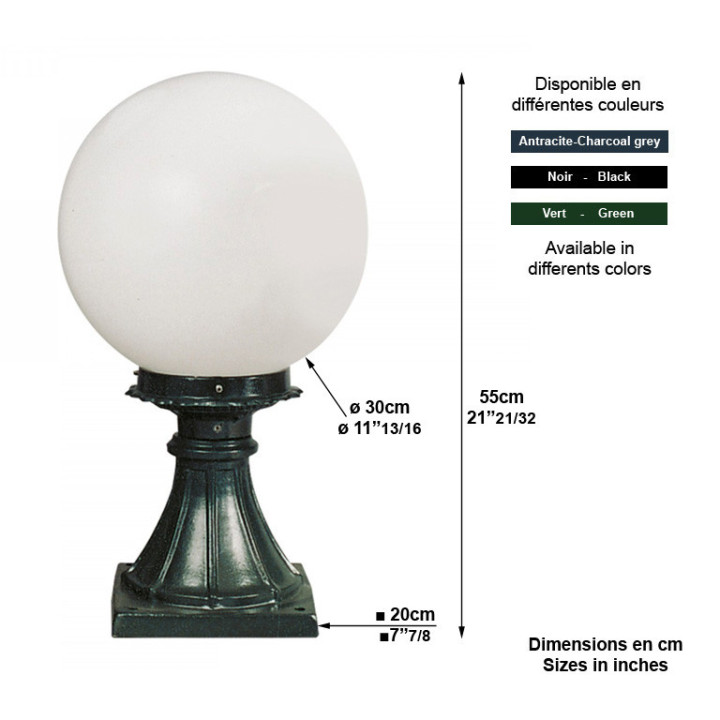 Lanterne R224 lampe sphérique globe opaque sur pied fonte 55cm