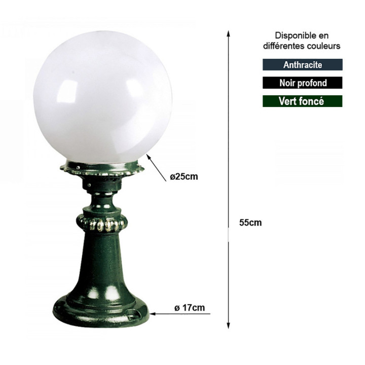 Lanterne R225 lampe sphérique globe opaque sur pied fonte 55cm
